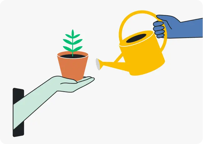 illustration af en hånd, som vander en plante