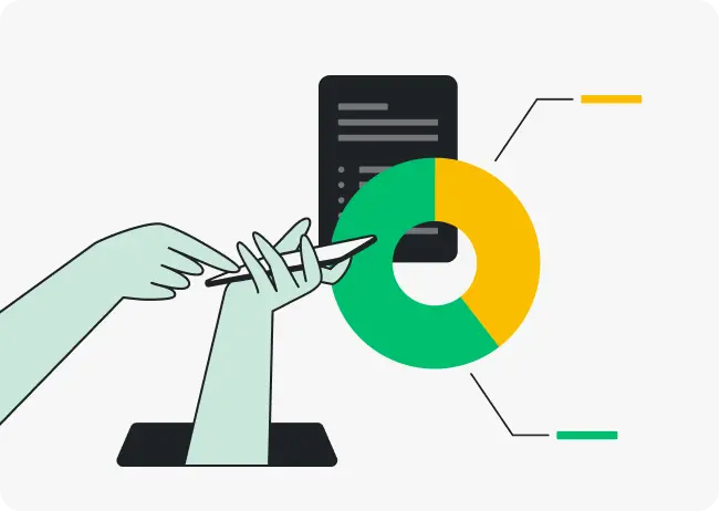 illustration af en hånd, der holder en telefon, som er delvis dækket af et diagram