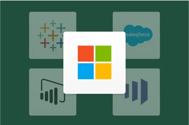 Microsoft 標誌後面有 Tableau 和 Salesforce 的標誌在背景中