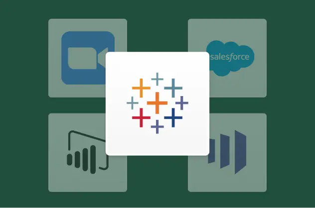Arkasında Zoom ve Salesforce simgeleri bulunan Tableau simgesi