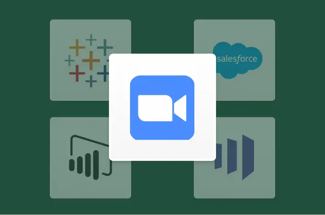 Zoom 아이콘과 그 뒤의 Tableau 및 Salesforce 아이콘