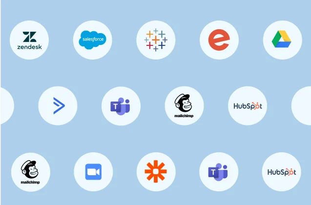 Mailchimp, HubSpot, Zoom, Microsoft Teams, Zendesk, Salesforce를 포함하여 다양한 SurveyMonkey 연동 서비스의 로고