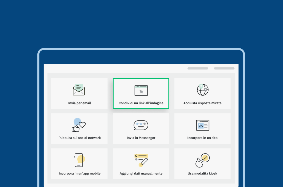 Schermata di una pagina di SurveyMonkey che mostra le diverse opzioni per condividere un'indagine